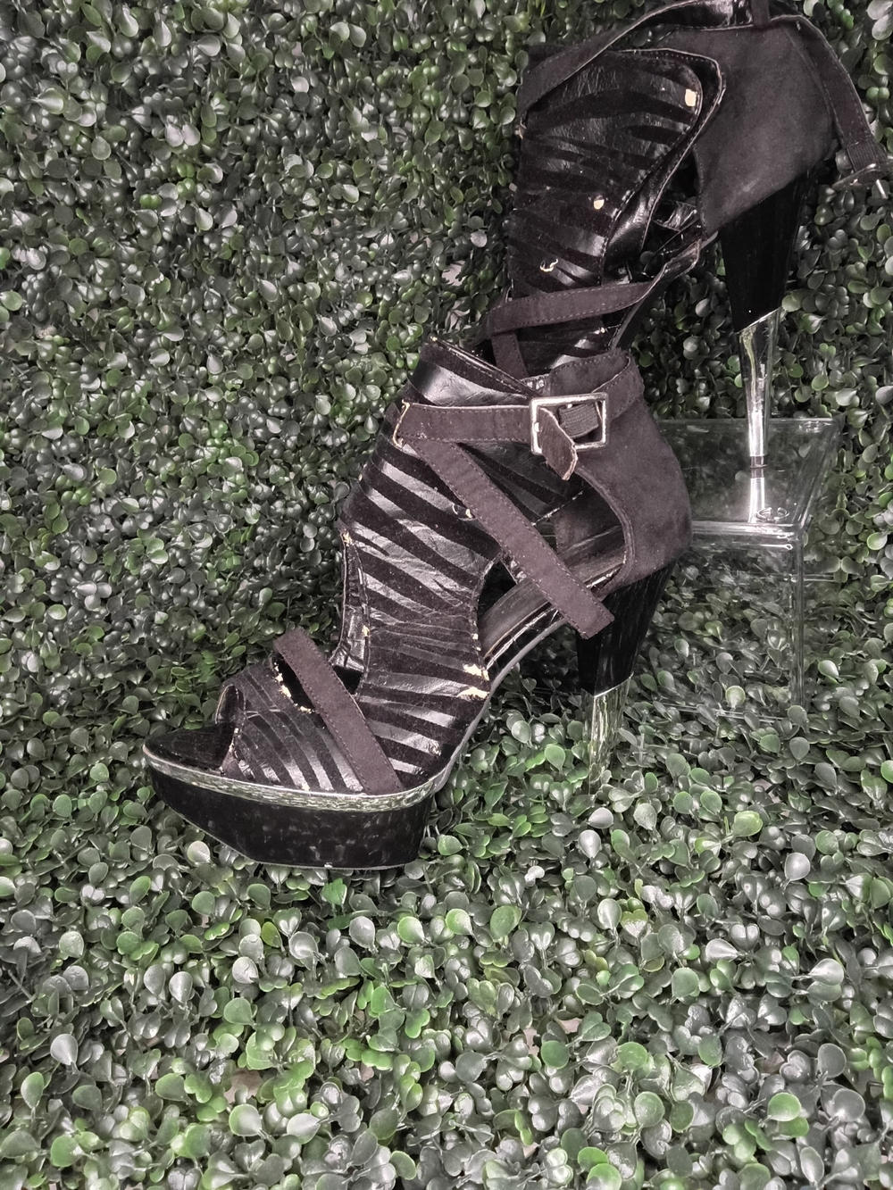 WEDDING BELLES NEW YORK Black Strappy Suede Platform Heels with Clear Accents